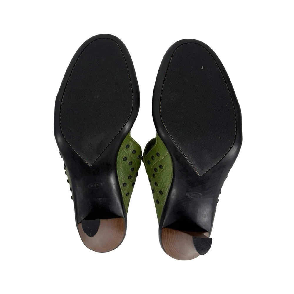 Tod's Womens EU 40.5 US 10.5 Studded High Heel Sandals Green Leather Casual